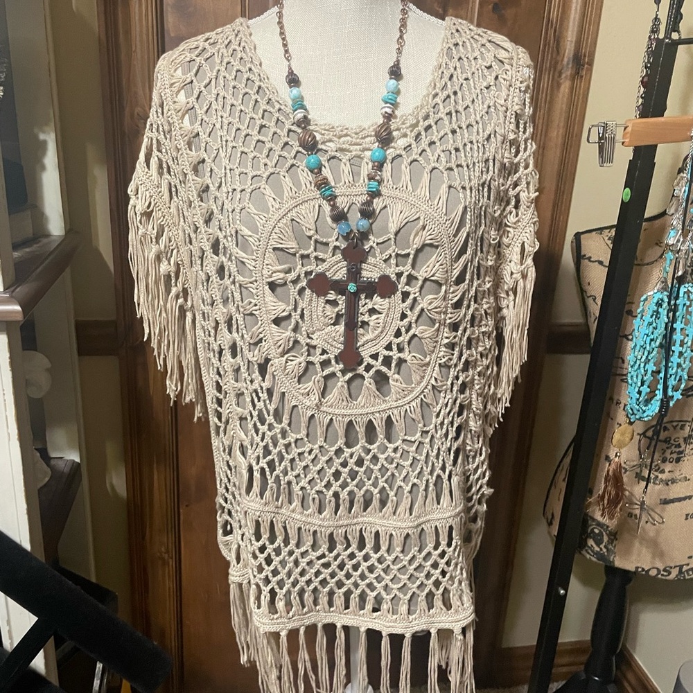 Khaki crochet sweater s xl